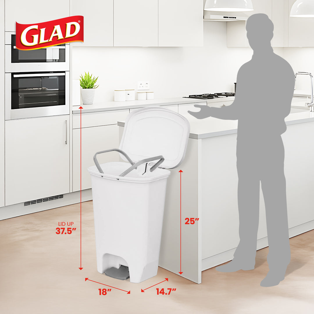 Glad Kitchen Trash Can with Lid, Foot Pedal and Garbage Bag Rings, 13 Gal, White