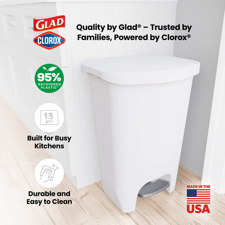 Glad Kitchen Trash Can with Lid, Foot Pedal and Garbage Bag Rings, 13 Gal, White