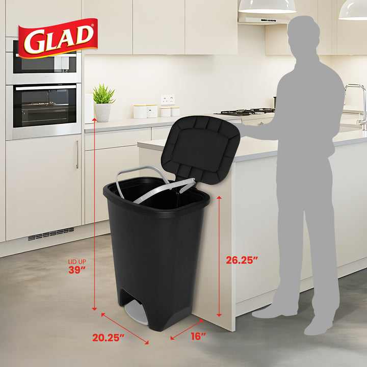 Glad Kitchen Trash Can with Lid, Foot Pedal and Garbage Bag Rings, 20 Gal, Black
