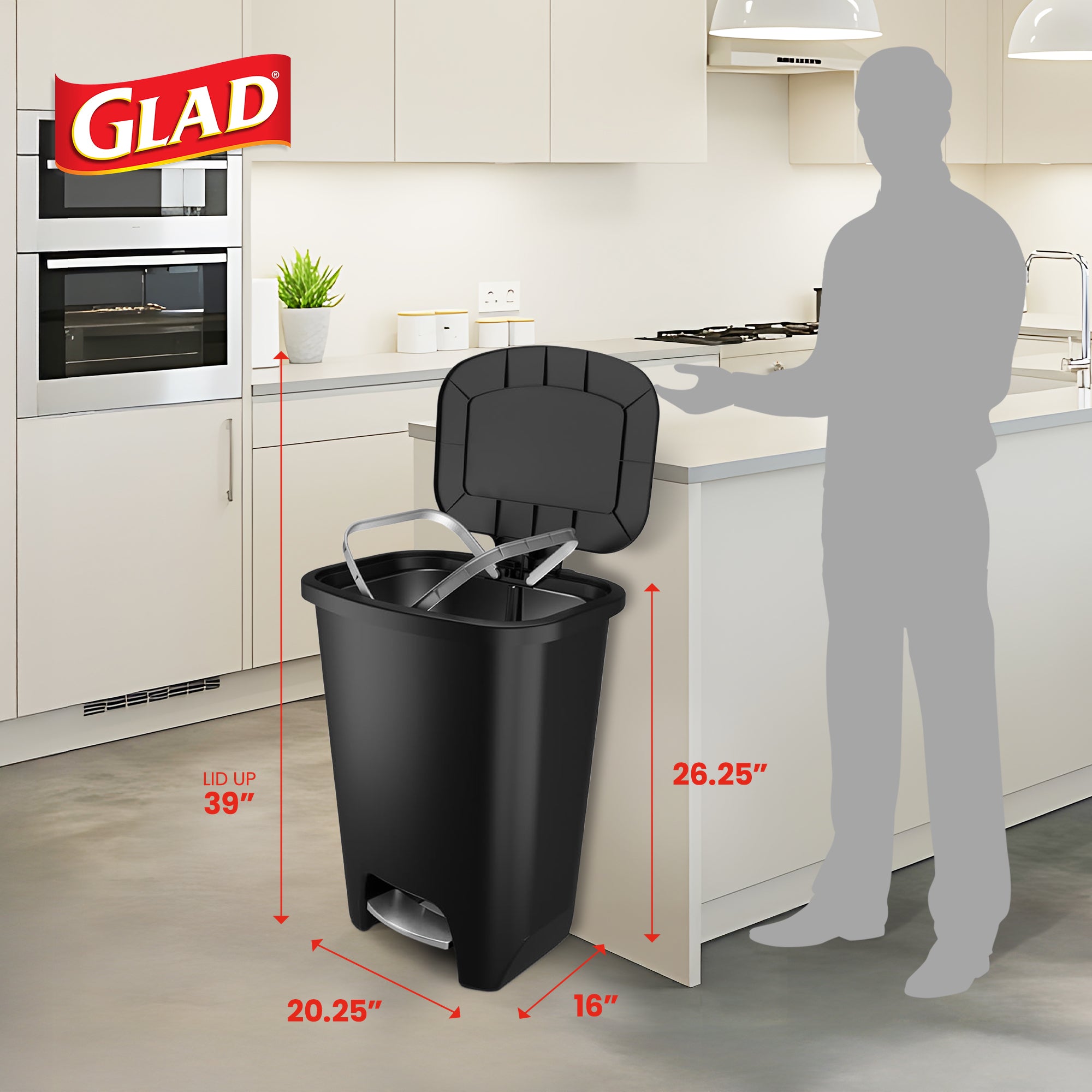 Glad Trash Can with Lid, Stainless Foot Pedal & Garbage Bag Rings, 20 Gal (Used)