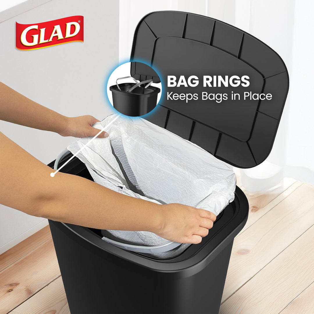 Glad Trash Can with Lid, Stainless Foot Pedal & Garbage Bag Rings, 20 Gal, Black