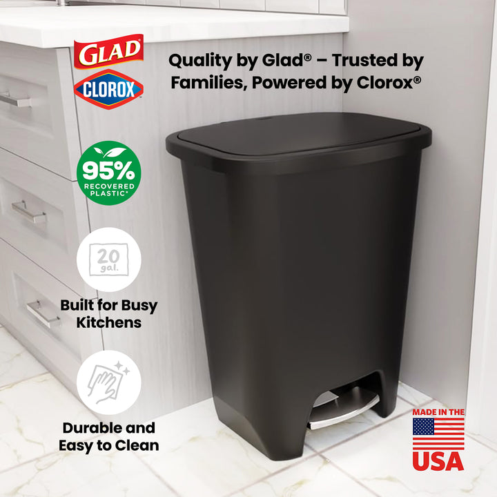 Glad Trash Can with Lid, Stainless Foot Pedal & Garbage Bag Rings, 20 Gal, Black
