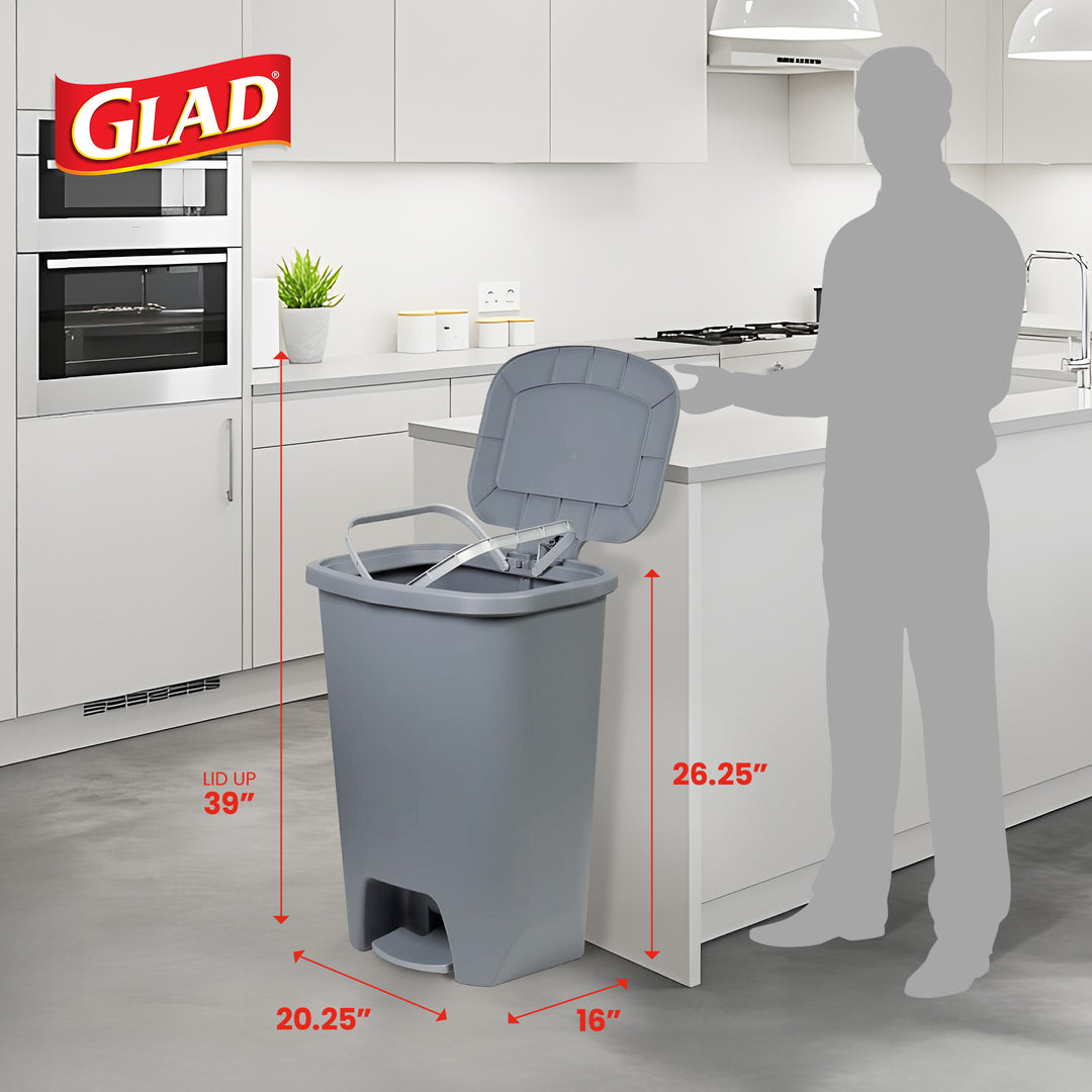 Glad Kitchen Trash Can with Lid, Foot Pedal and Garbage Bag Rings, 20 Gal, Grey