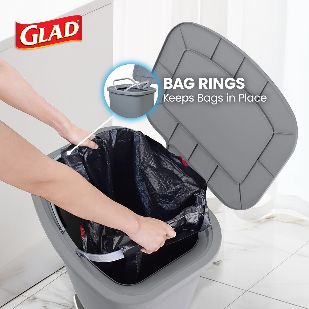 Glad Kitchen Trash Can with Lid, Foot Pedal and Garbage Bag Rings, 20 Gal, Grey