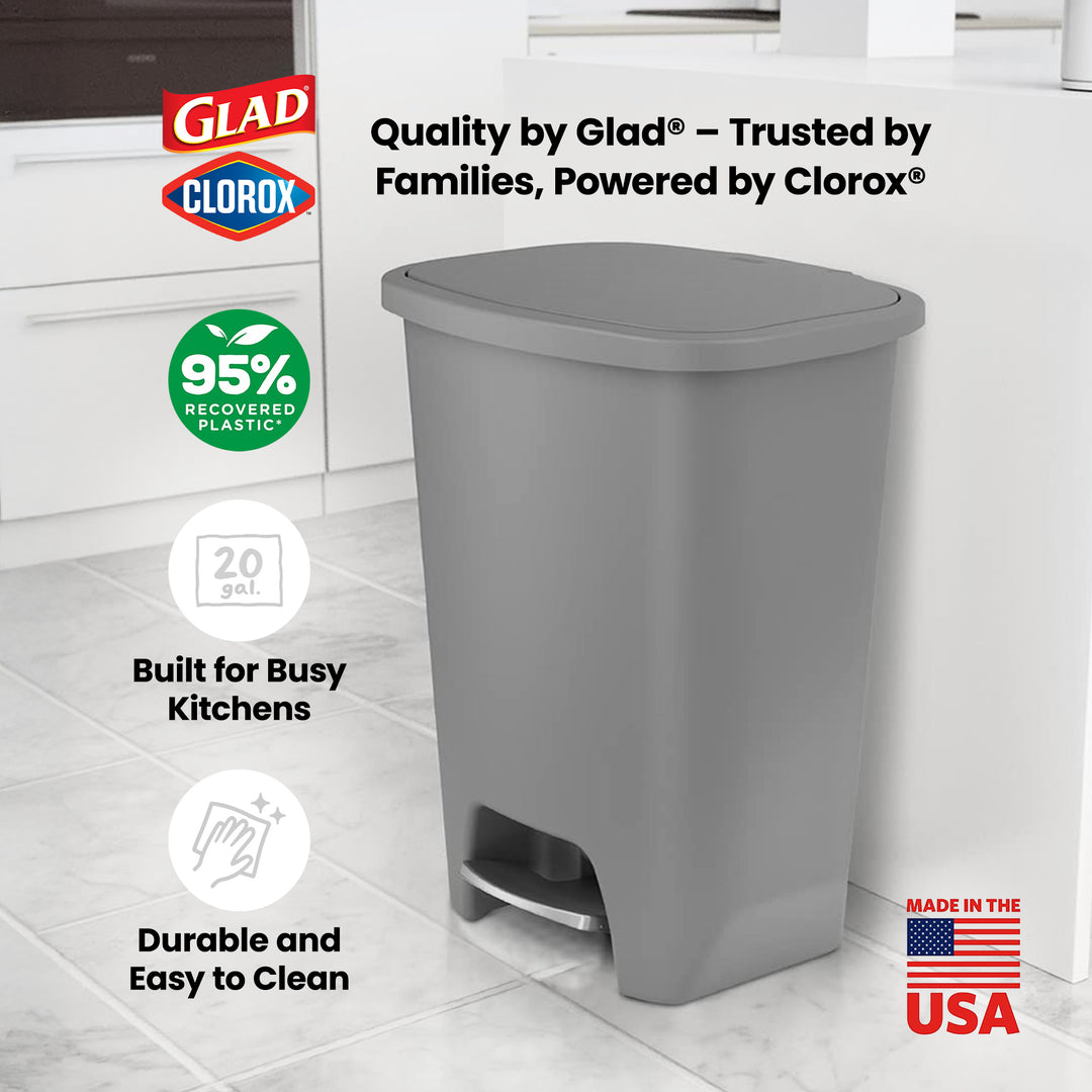 Glad Kitchen Trash Can with Lid, Foot Pedal and Garbage Bag Rings, 20 Gal, Grey