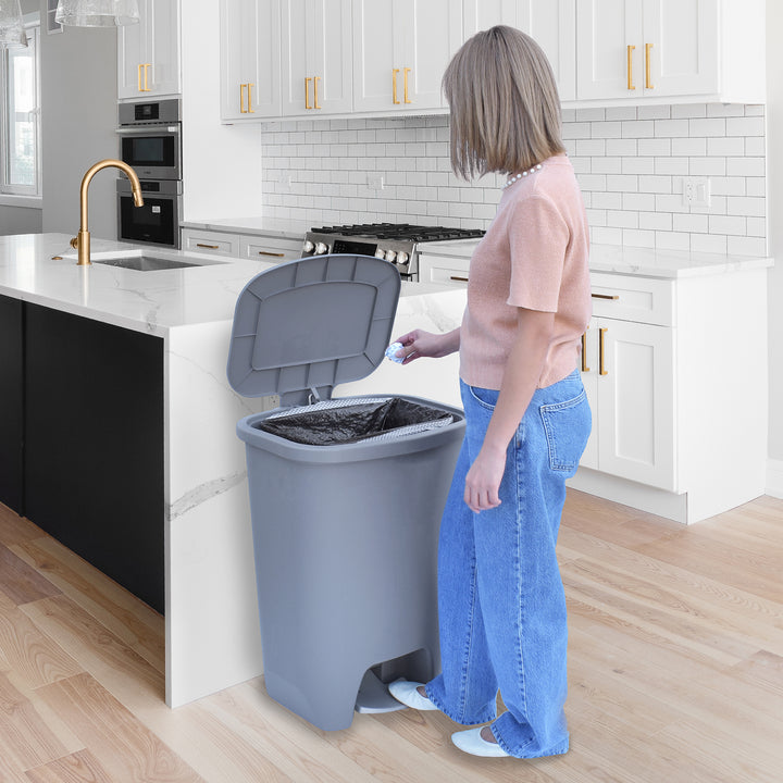 Glad Kitchen Trash Can with Lid, Foot Pedal and Garbage Bag Rings, 20 Gal, Grey