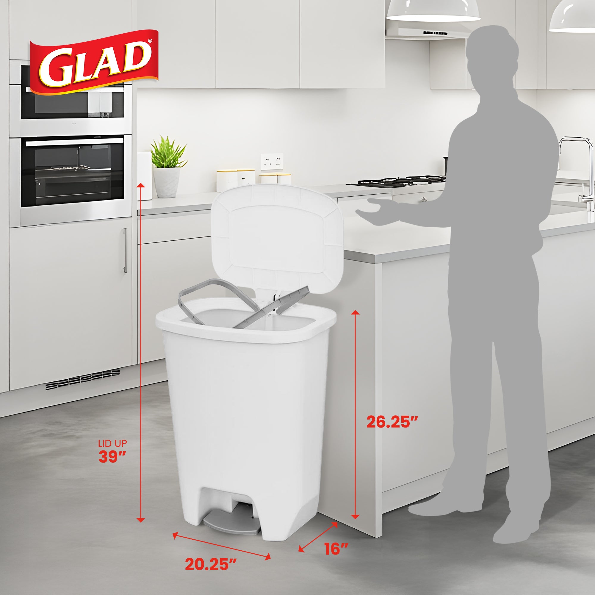 Glad Kitchen Trash Can with Lid, Foot Pedal and Garbage Bag Rings, 20 Gal, White - VMInnovations