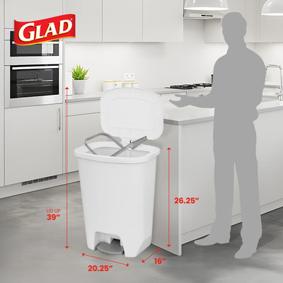 Glad Kitchen Trash Can with Lid, Foot Pedal and Garbage Bag Rings, 20 Gal, White - VMInnovations