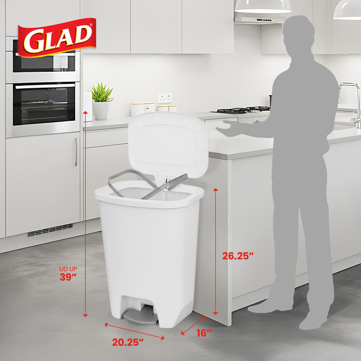 Glad Kitchen Trash Can with Lid, Foot Pedal and Garbage Bag Rings, 20 Gal, White