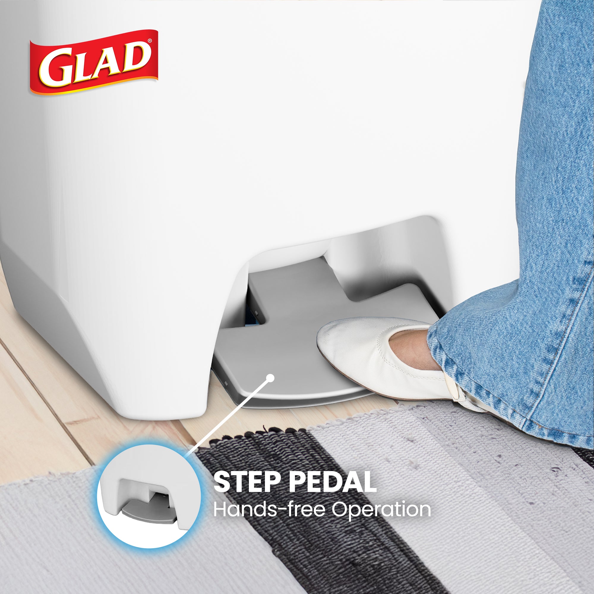 Glad Kitchen Trash Can with Lid, Foot Pedal and Garbage Bag Rings, 20 Gal, White - VMInnovations