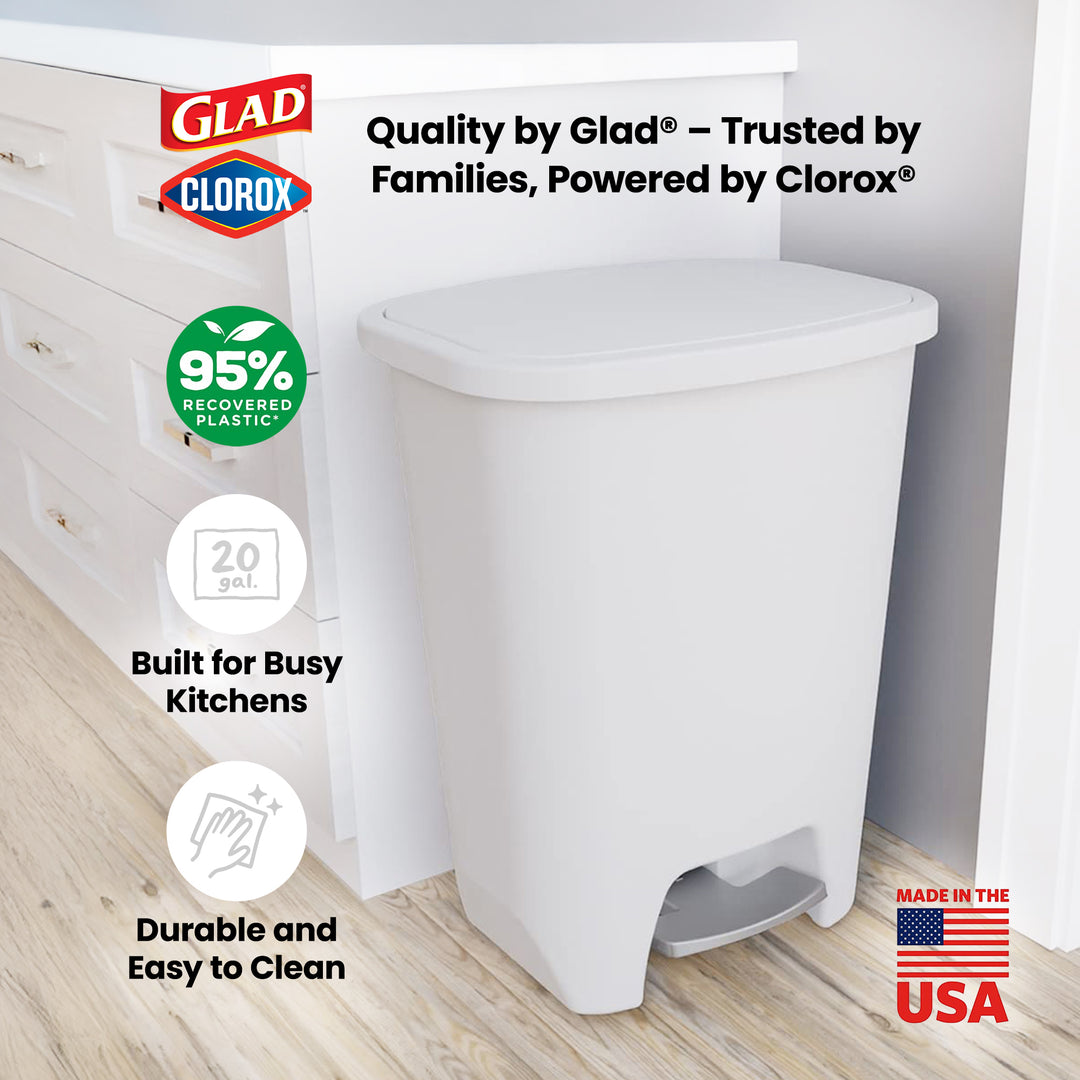 Glad Kitchen Trash Can with Lid, Foot Pedal and Garbage Bag Rings, 20 Gal, White