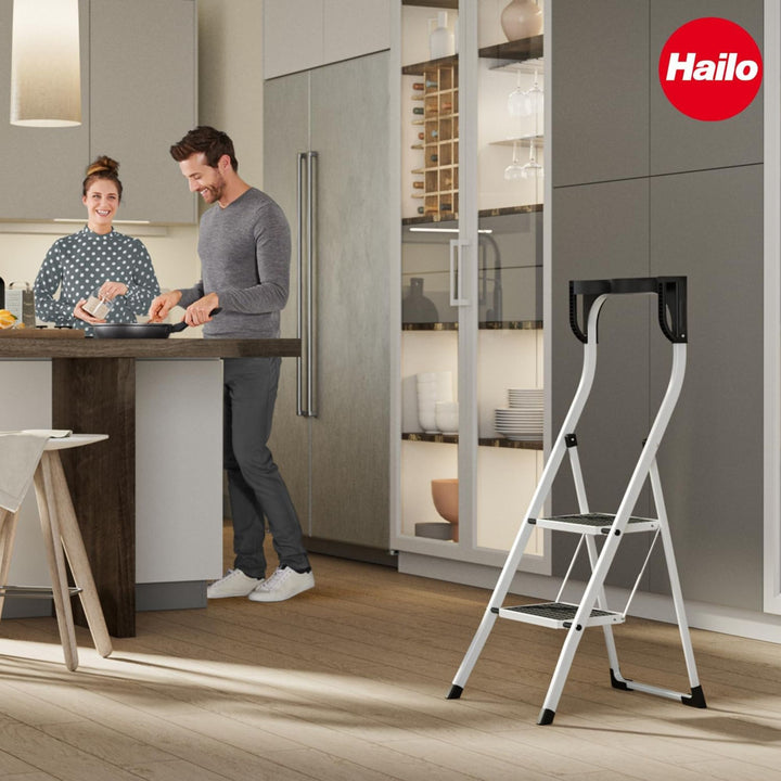 Hailo K75 ComfortLine Step Ladder, 2-Step Foldable Steel Stool for Home Use