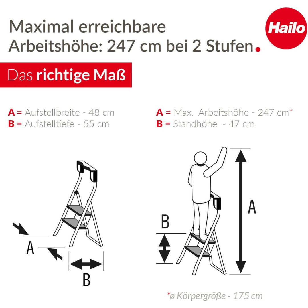 Hailo K75 ComfortLine Step Ladder, 2-Step Foldable Steel Stool for Home Use