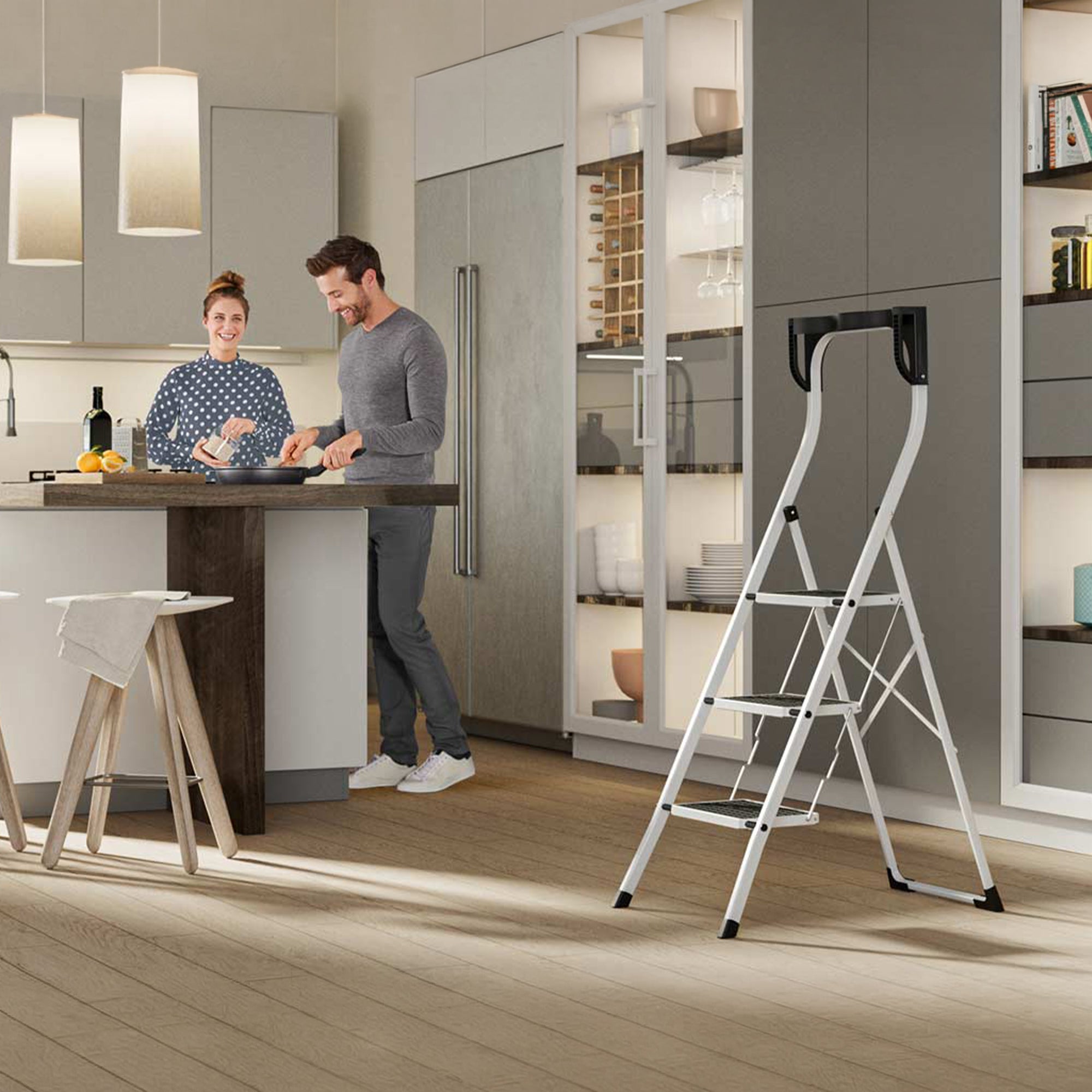 Hailo K75 ComfortLine 3-Step Ladder, Foldable Steel Step Stool, 330 Lbs Capacity