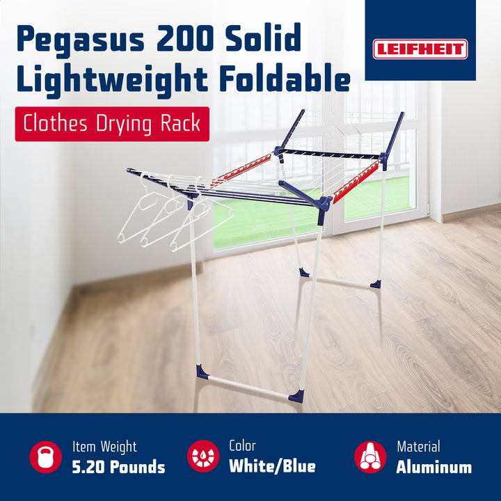 Leifheit Pegasus 200 Solid Standing Dryer with 5 Hangers and 4 Clips, 20m Space