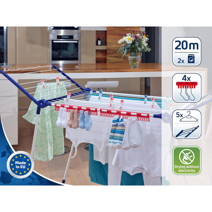 Leifheit Pegasus 200 Solid Standing Dryer with 5 Hangers and 4 Clips, 20m Space