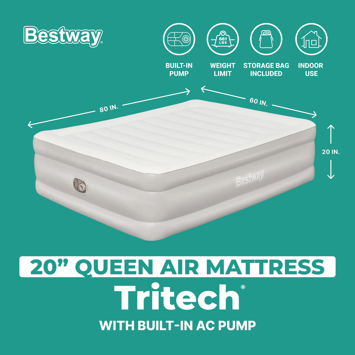Bestway Tritech 20" Queen Air Mattress, Airbed with Built-in AC Pump, (Open Box)