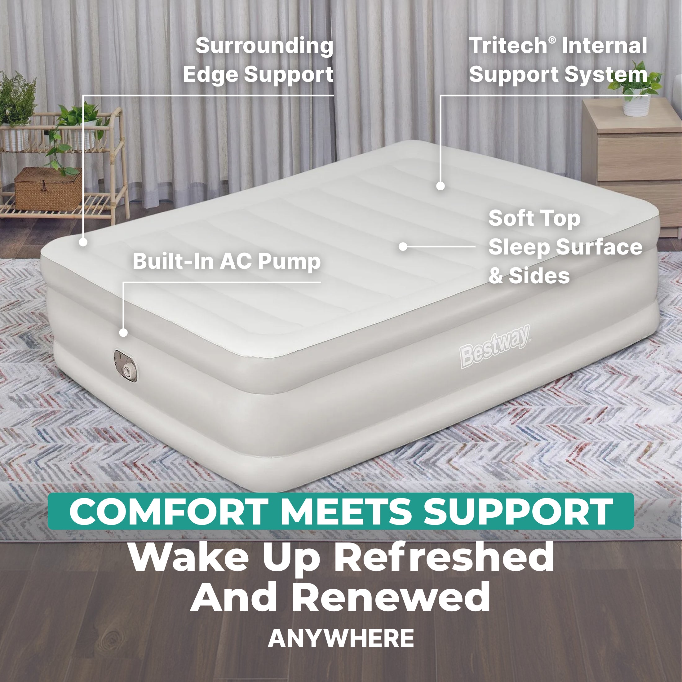 Bestway Tritech 20" Queen Air Mattress, Airbed with Built-in AC Pump, Warm Gray