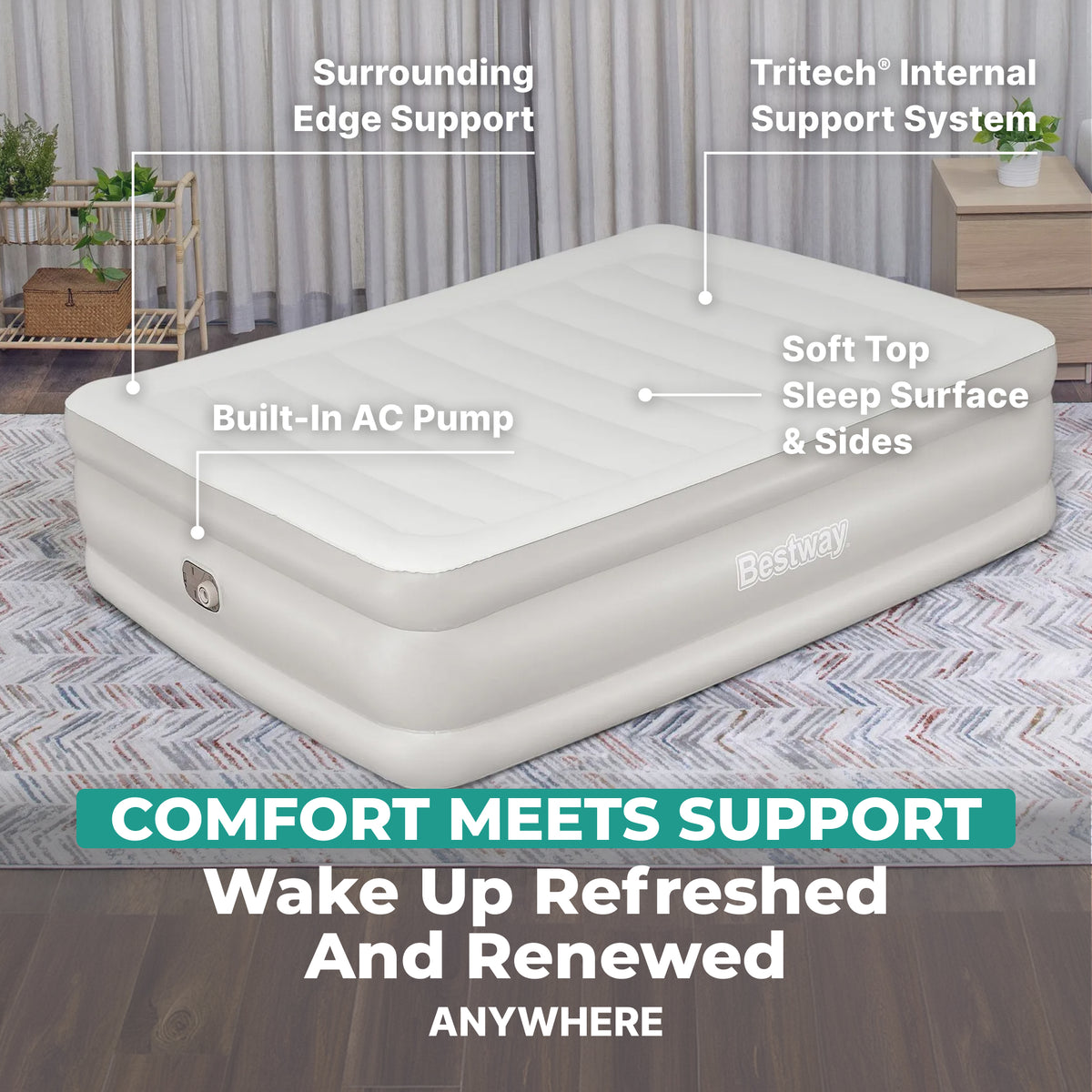 Bestway Tritech 20" Queen Air Mattress, Airbed with Built-in AC Pump, (Open Box)