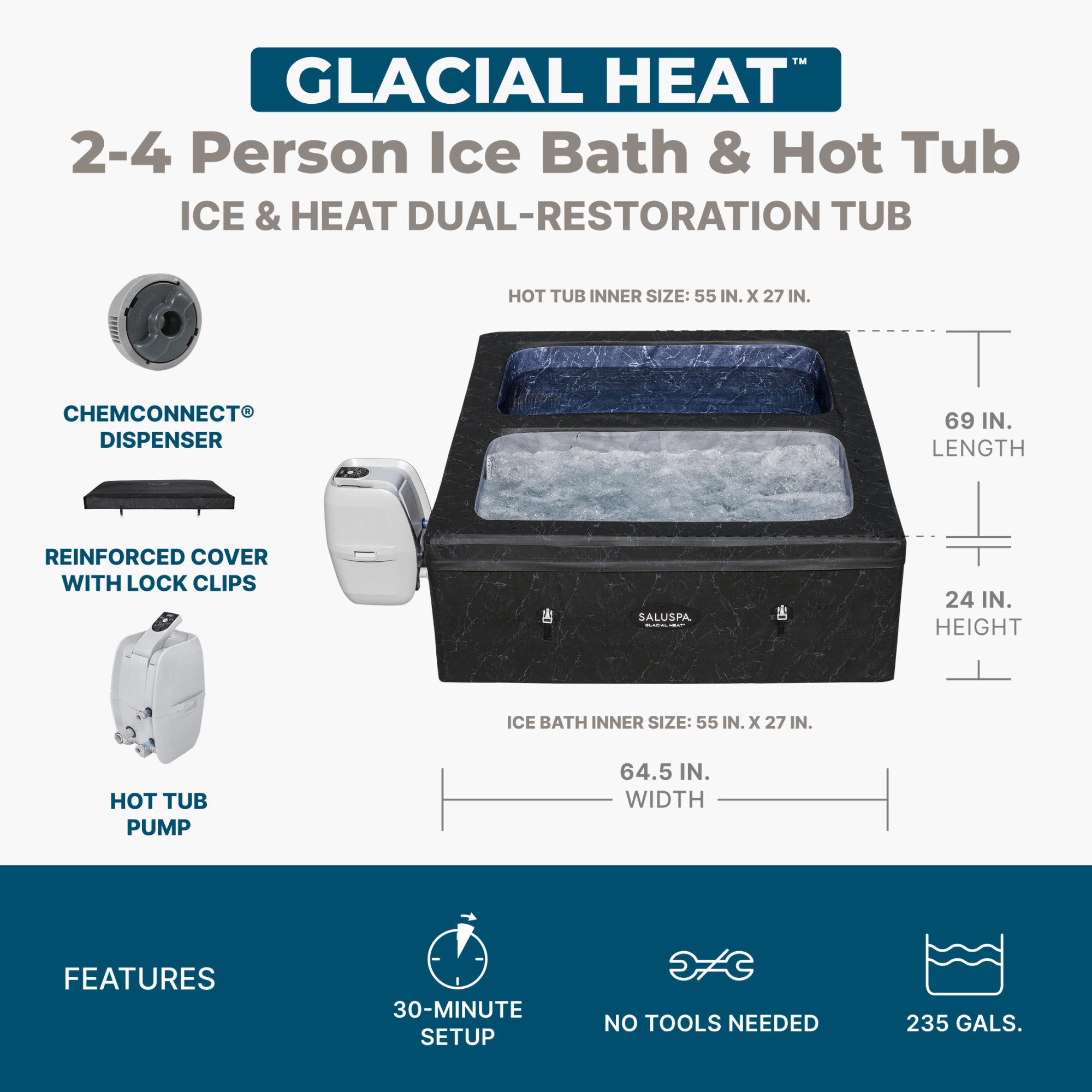 SaluSpa 69" x 64.5" x 24" Glacial Heat ThermaCore Ice Bath & Hot Tub Airjet 4 Black Stone Square - VMInnovations