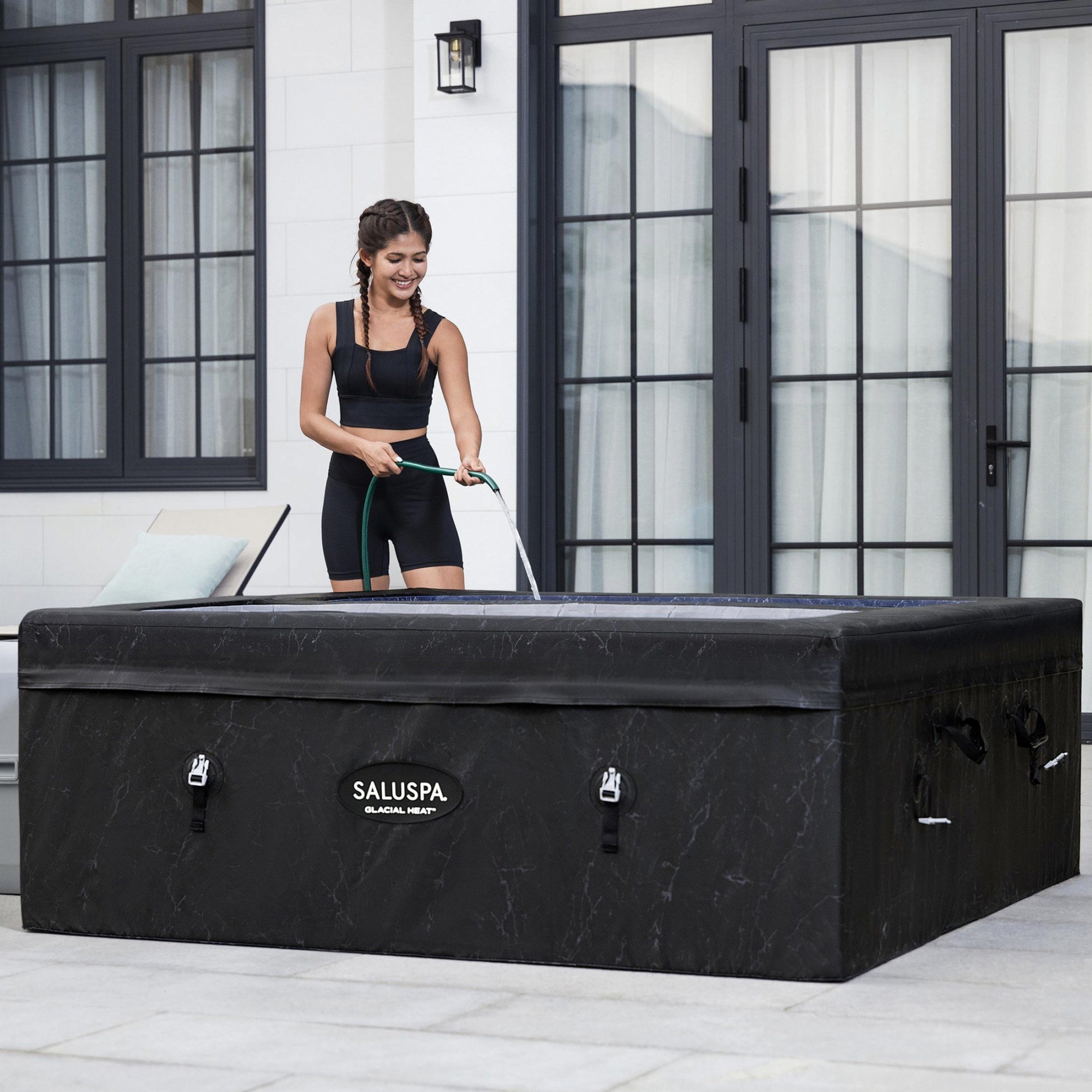 SaluSpa 69" x 64.5" x 24" Glacial Heat ThermaCore Ice Bath & Hot Tub Airjet 4 Black Stone Square - VMInnovations