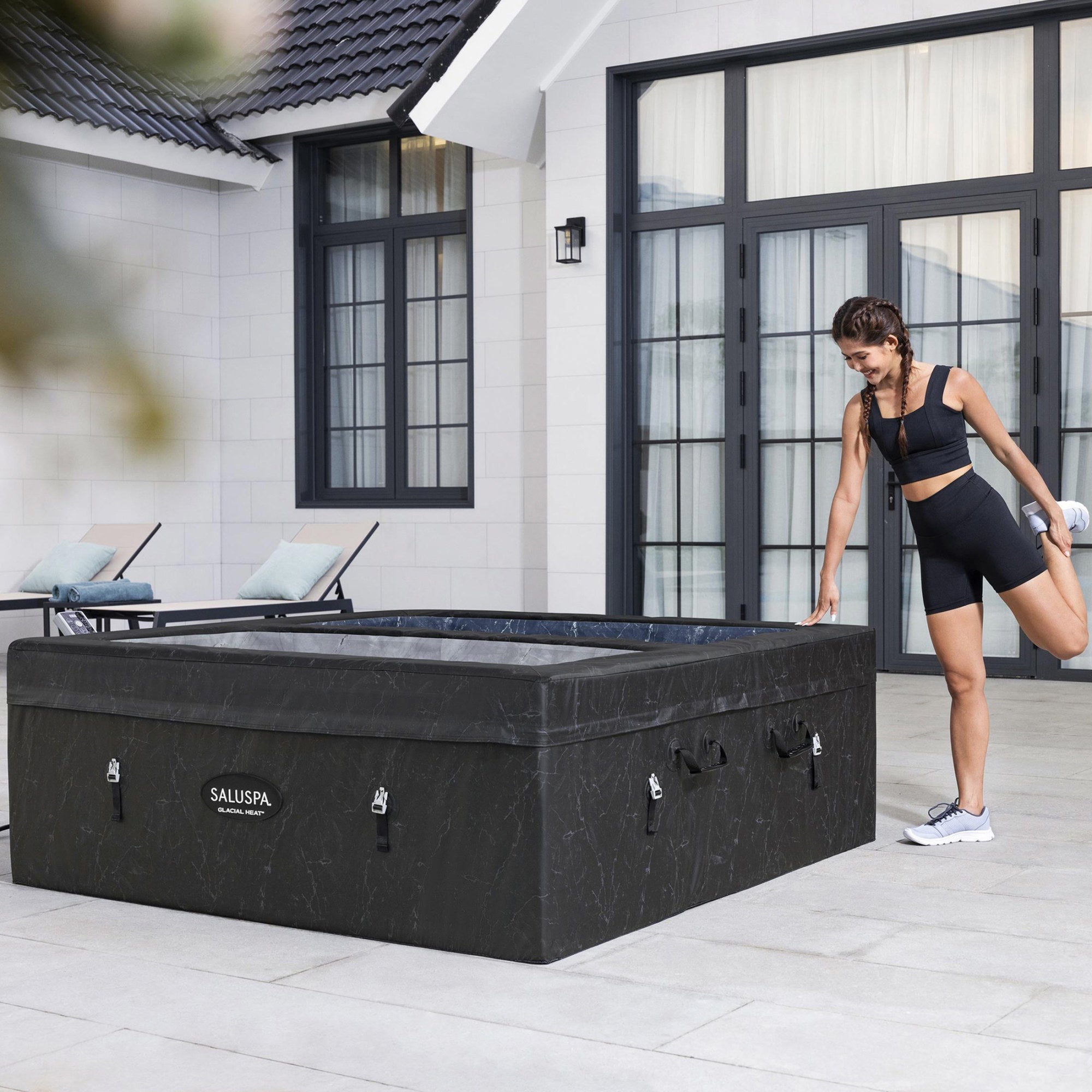 SaluSpa 69" x 64.5" x 24" Glacial Heat ThermaCore Ice Bath & Hot Tub Airjet 4 Black Stone Square - VMInnovations