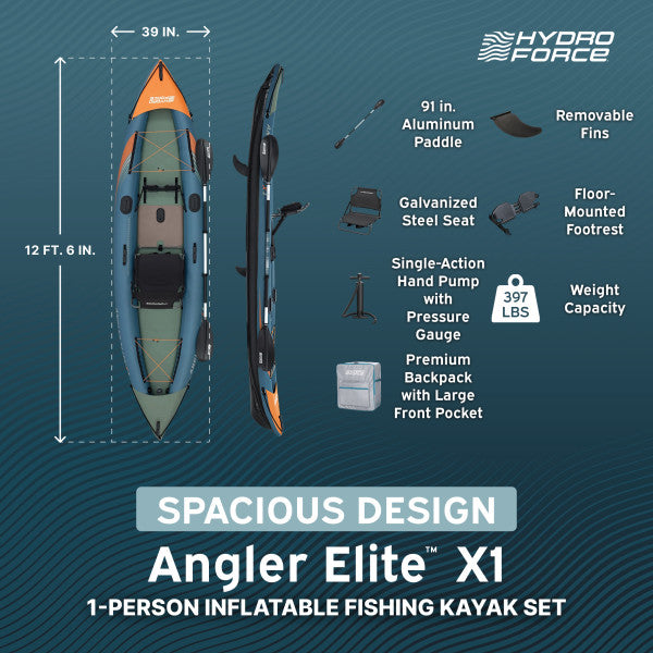 Hydro Force 12' 6" Inflatable Fishing Kayak Set for 1 Person, Angler Elite X1 - VMInnovations