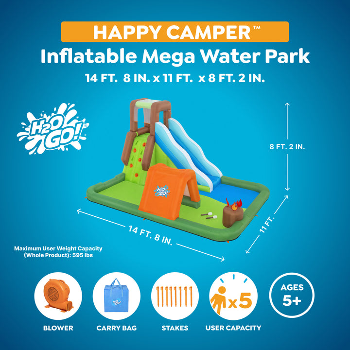 H2OGO! Inflatable Mega Water Park, Happy Camper 14'8" Play Center with Camp Toys - VMInnovations