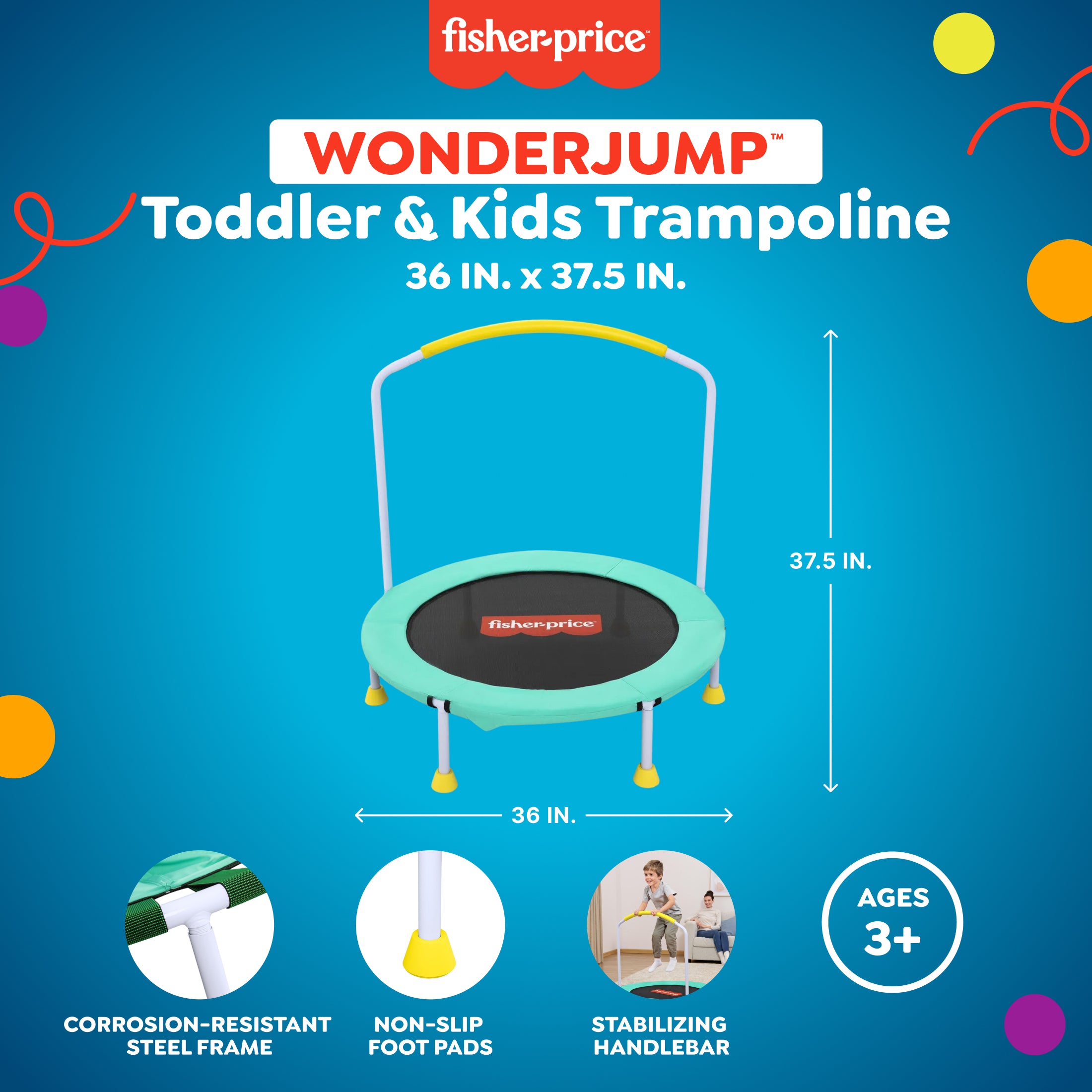 Fisher-Price WonderJump 3ft Indoor Mini Trampoline for Toddlers & Kids, Green (Open Box)