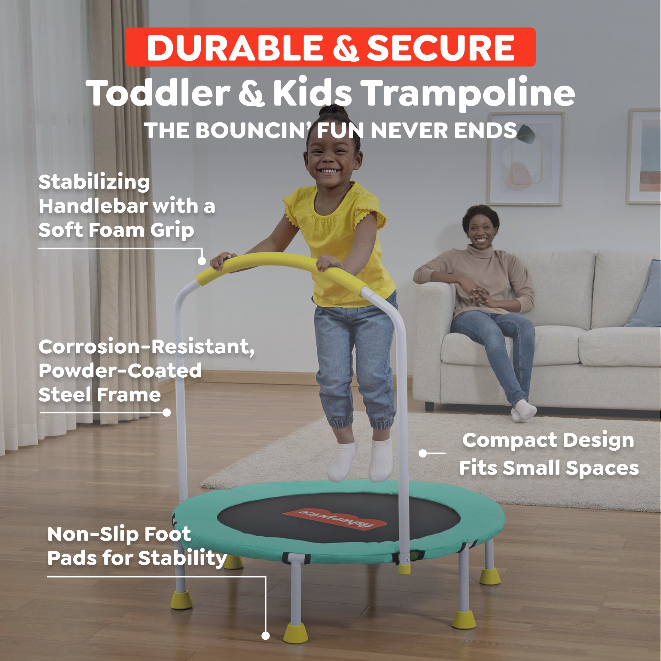 Fisher-Price WonderJump 3ft Indoor Mini Trampoline for Toddlers & Kids, Green (Open Box)