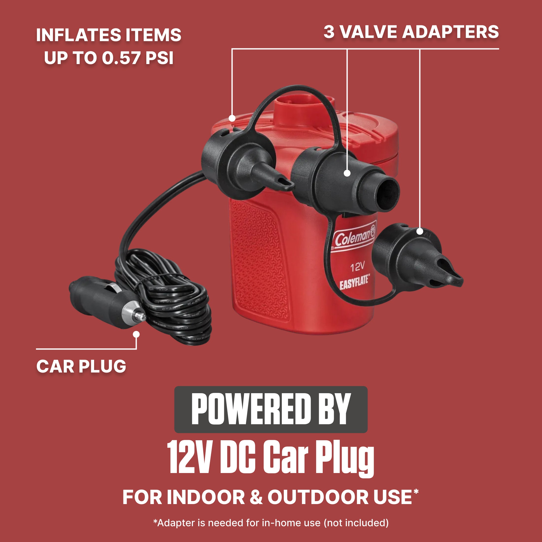 Coleman EasyFlate Electric Air Pump, Car Plug Inflator w/ 3 Adapters (Open Box)