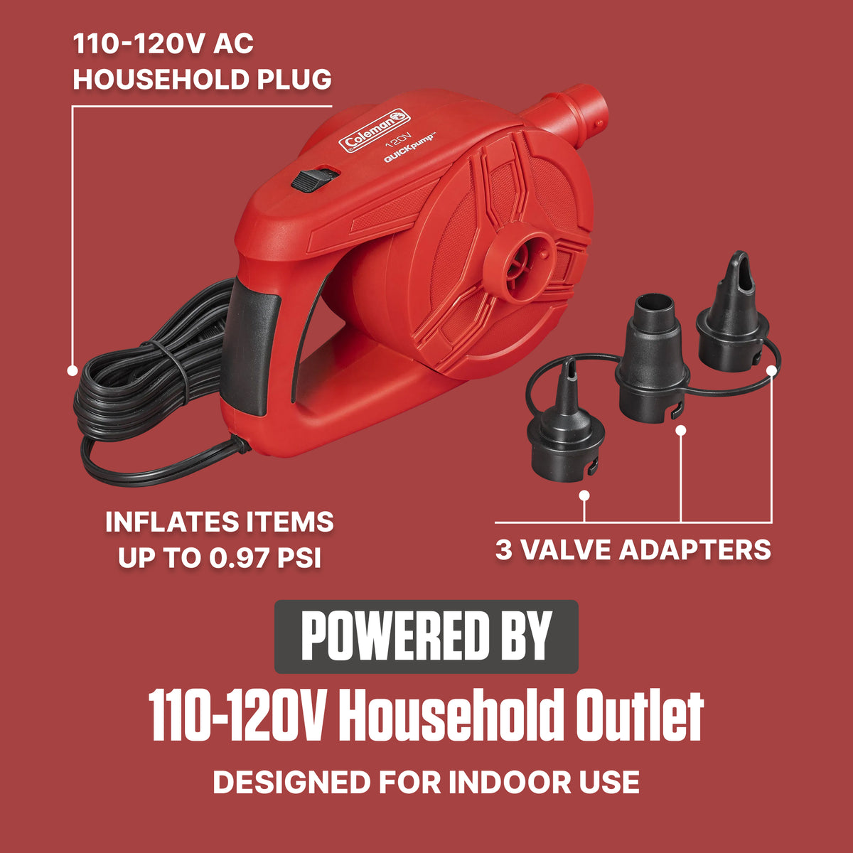 Coleman EasyFlate 120V AC Electric Air Pump, Plug-In Inflator w/3 Adapters(Used) - VMInnovations