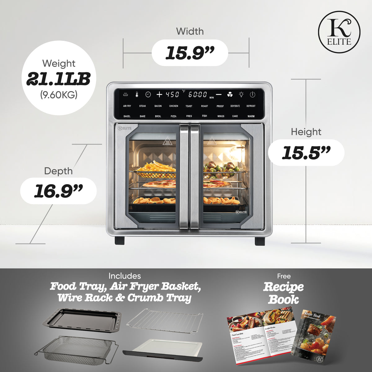 Kitchen Elite 16 Qt French Door Air Fryer Oven, Countertop Cooker w/ LED Display