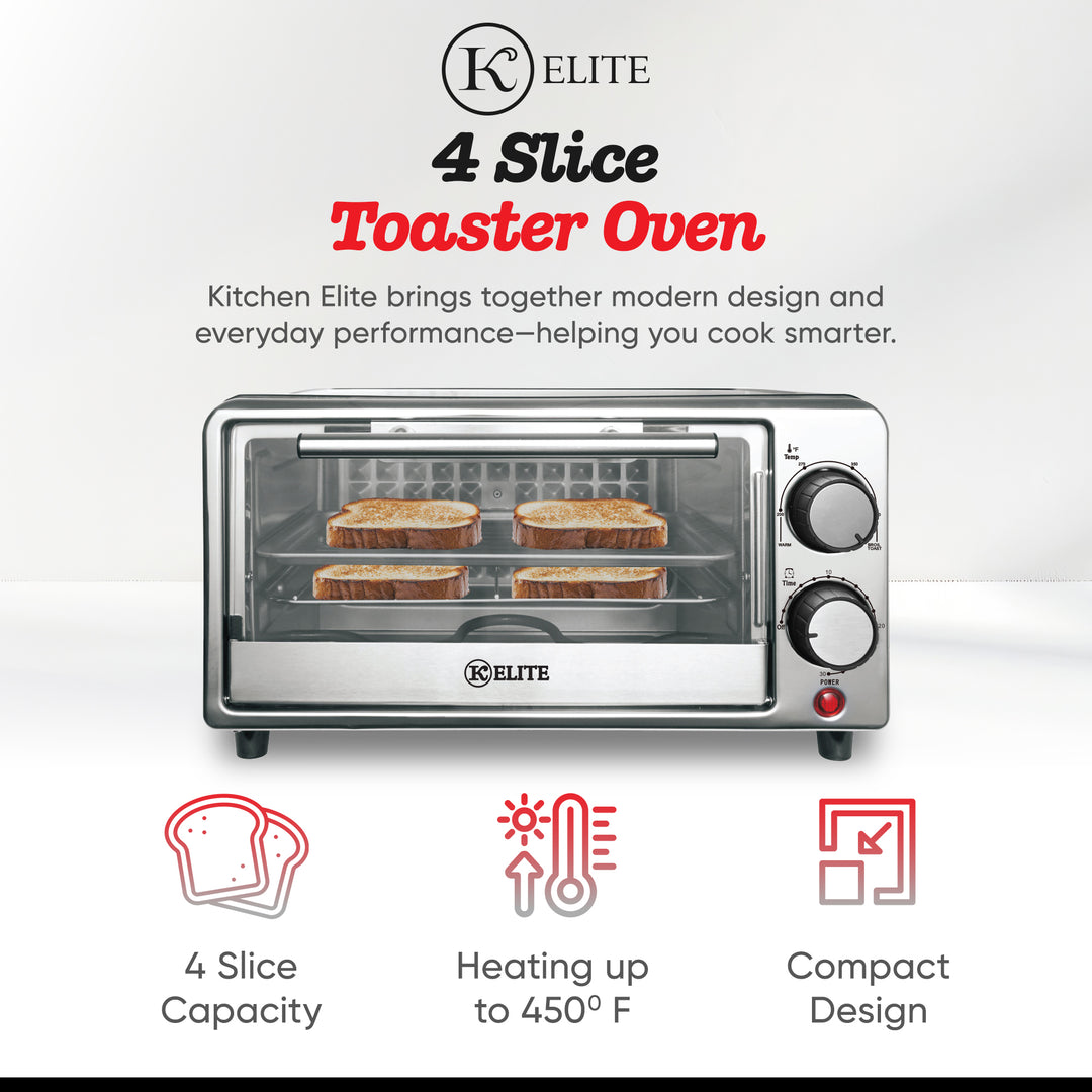 Kitchen Elite 4-Slice Compact Countertop Toaster Oven Stainless Steel Tray Black