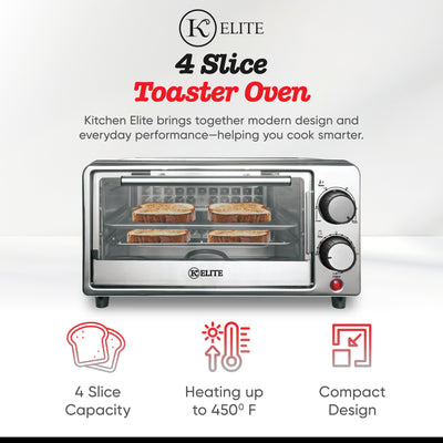 Kitchen Elite 4-Slice Compact Countertop Toaster Oven Stainless Steel Tray Black - VMInnovations