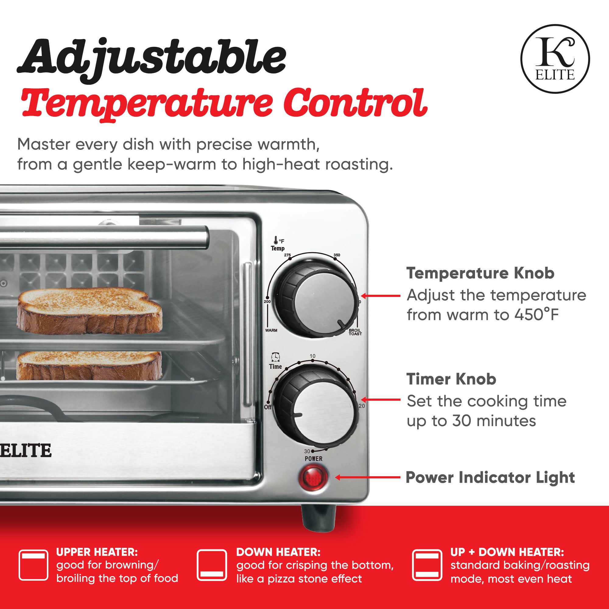 Kitchen Elite Compact Countertop Toaster Oven with Stainless Steel Tray, Black