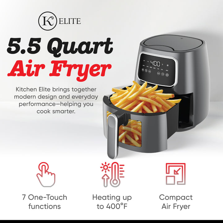 Kitchen Elite 5.5 Qt. Digital Air Fryer, Countertop Cooker with LED Screen, Grey