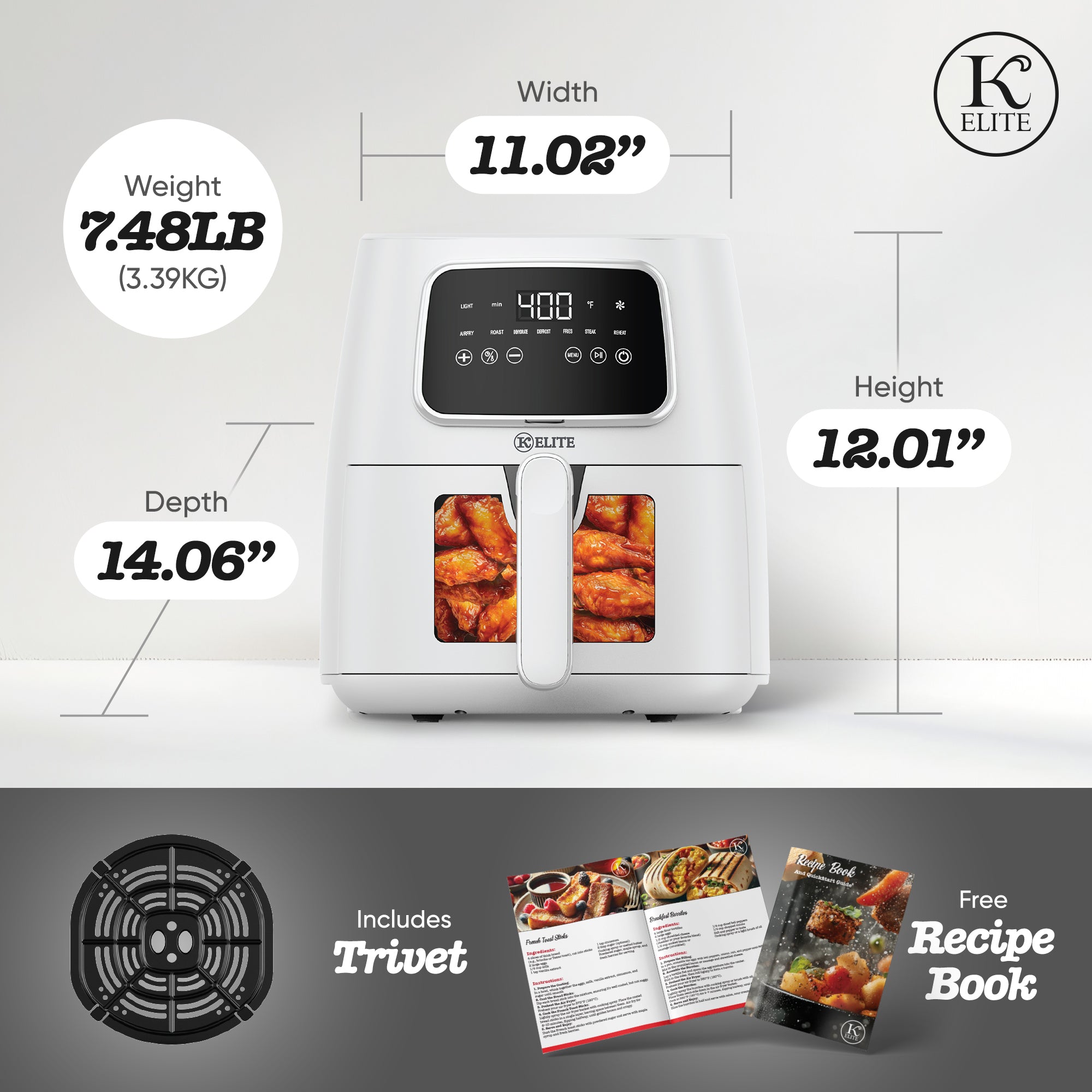 Kitchen Elite Digital Air Fryer, Countertop Cooker w/ LED Screen, White (Used)