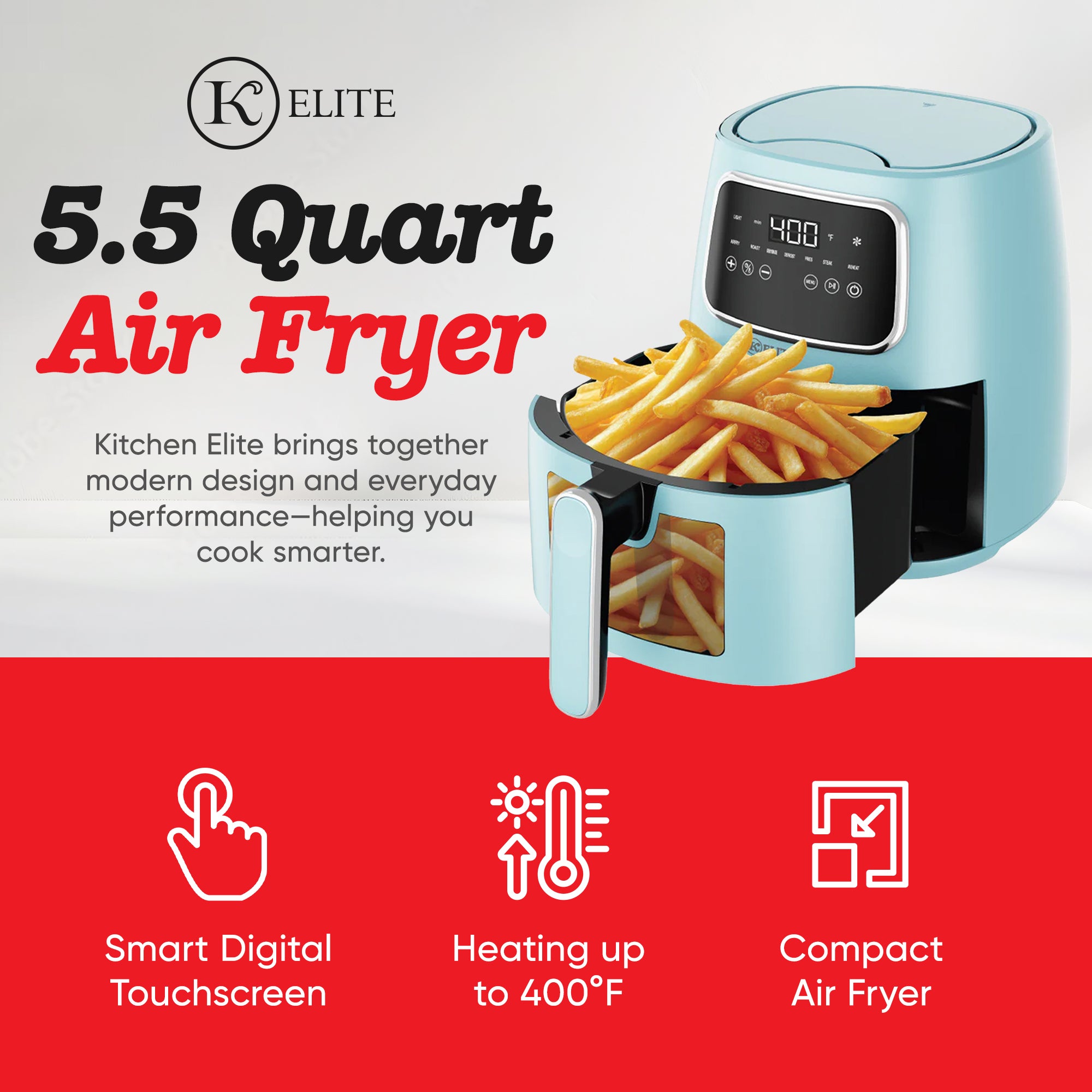 Kitchen Elite 5.5 Qt Digital Air Fryer, 7-in-1 Small Airfryer, Blue (Open Box)