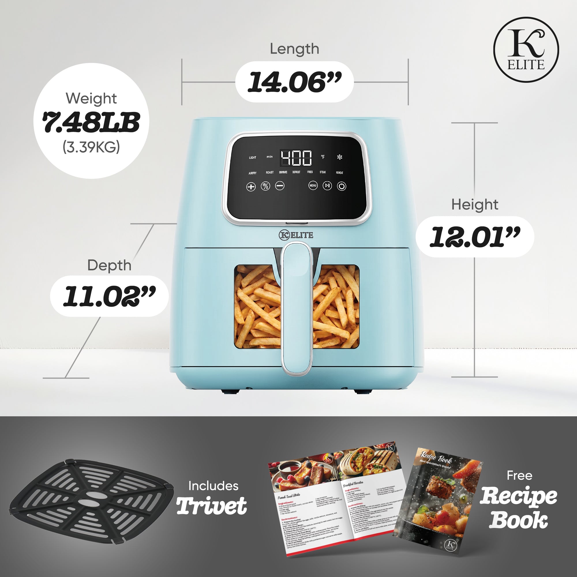 Kitchen Elite 5.5 Qt Digital Air Fryer, 7-in-1 Small Airfryer, Blue (Open Box)
