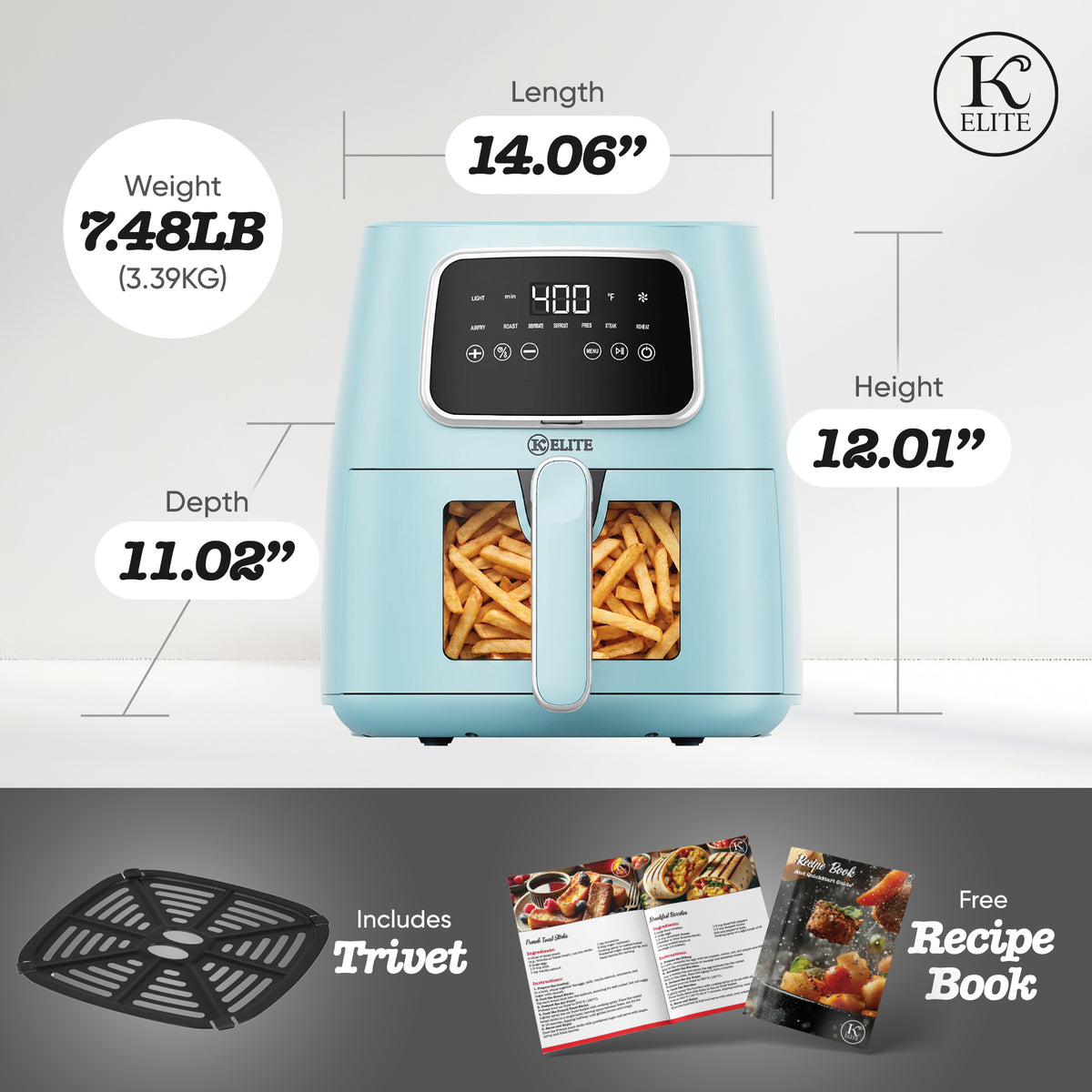 Kitchen Elite 5.5 Qt Digital Air Fryer, 7-in-1 Small Airfryer, Blue (Open Box)