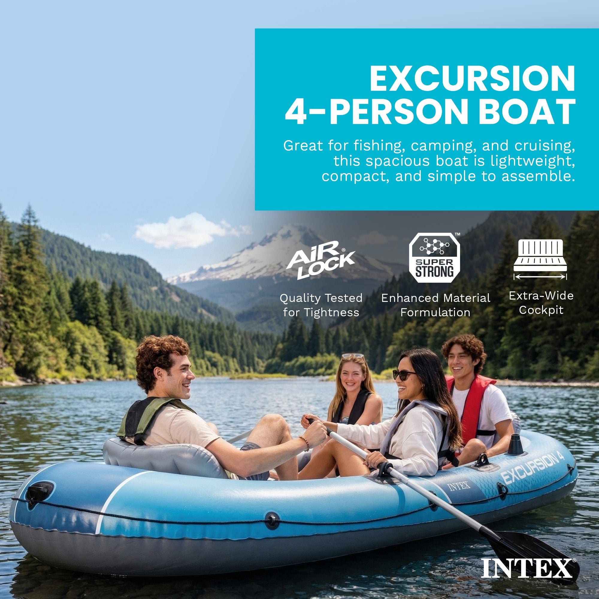 INTEX 66324EP Excursion 4 Inflatable BoatSet w/54''Oars,Pump & Rod Holders(Used)