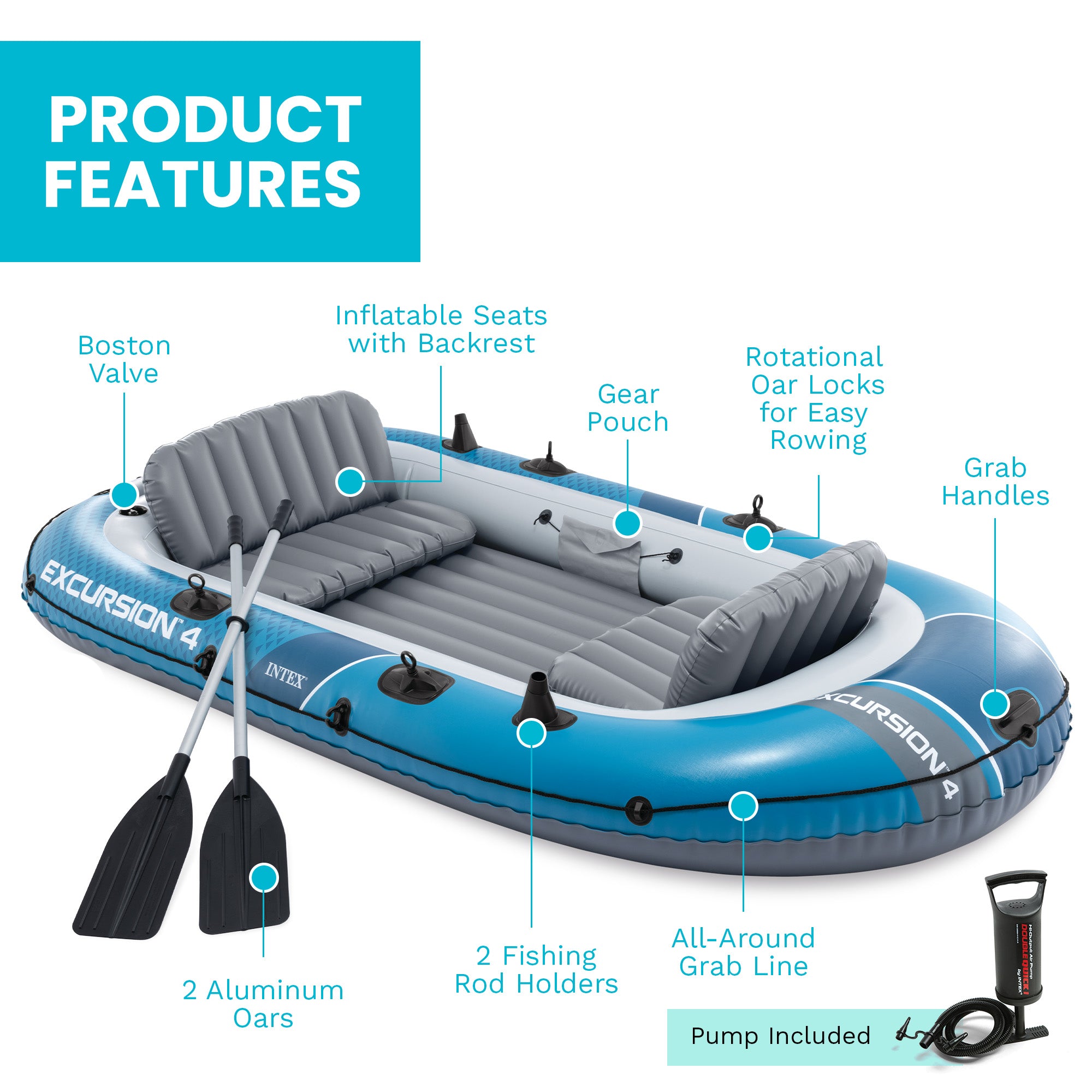 INTEX 66324EP Excursion 4 Inflatable BoatSet w/54''Oars,Pump & Rod Holders(Used) - VMInnovations