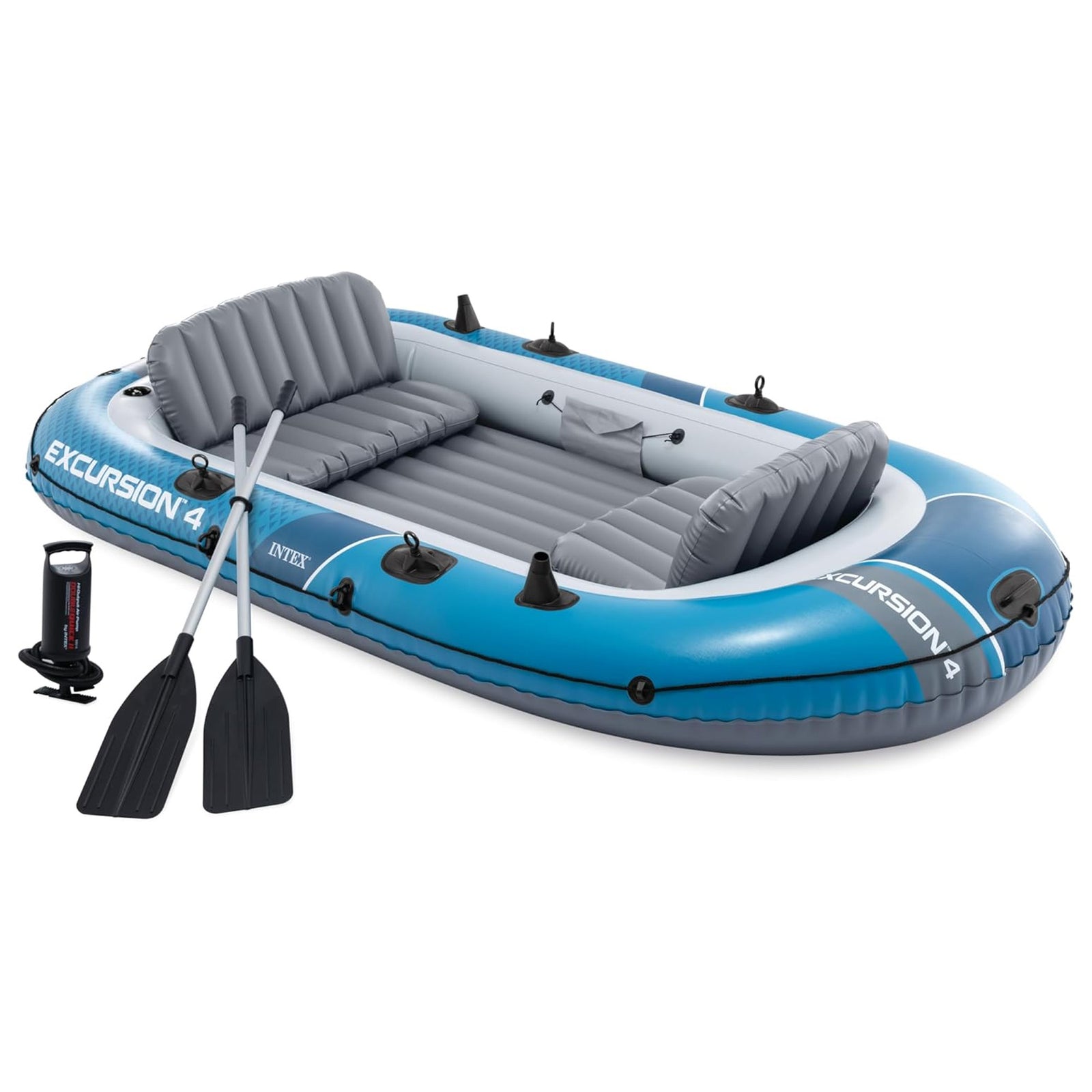 INTEX 66324EP Excursion 4 Inflatable Boat Set with 54" Oars, Pump, & Rod Holders - VMInnovations