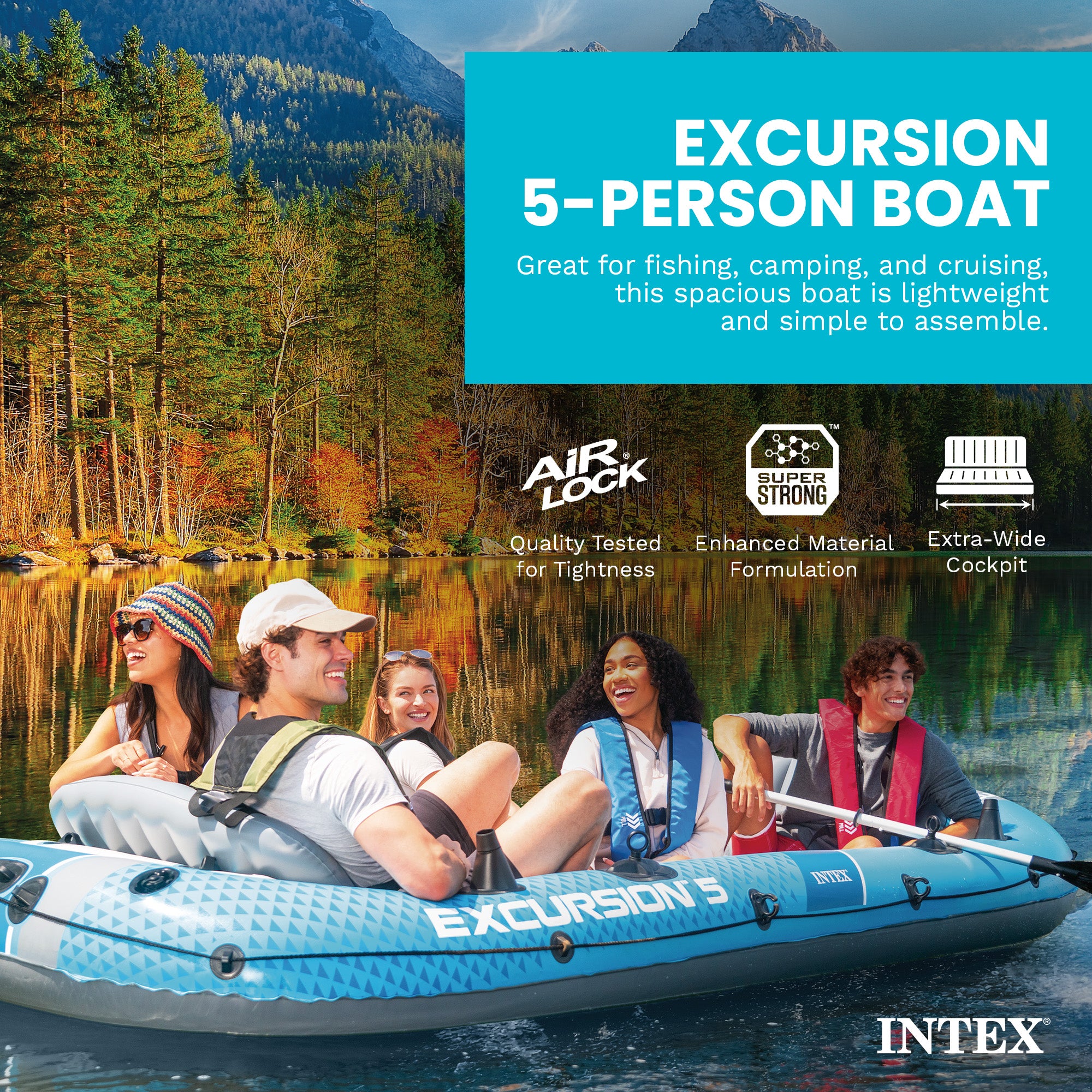 INTEX Excursion 5 Inflatable Boat Set with 54" Oars, Pump, & Rod Holders (Used) - VMInnovations
