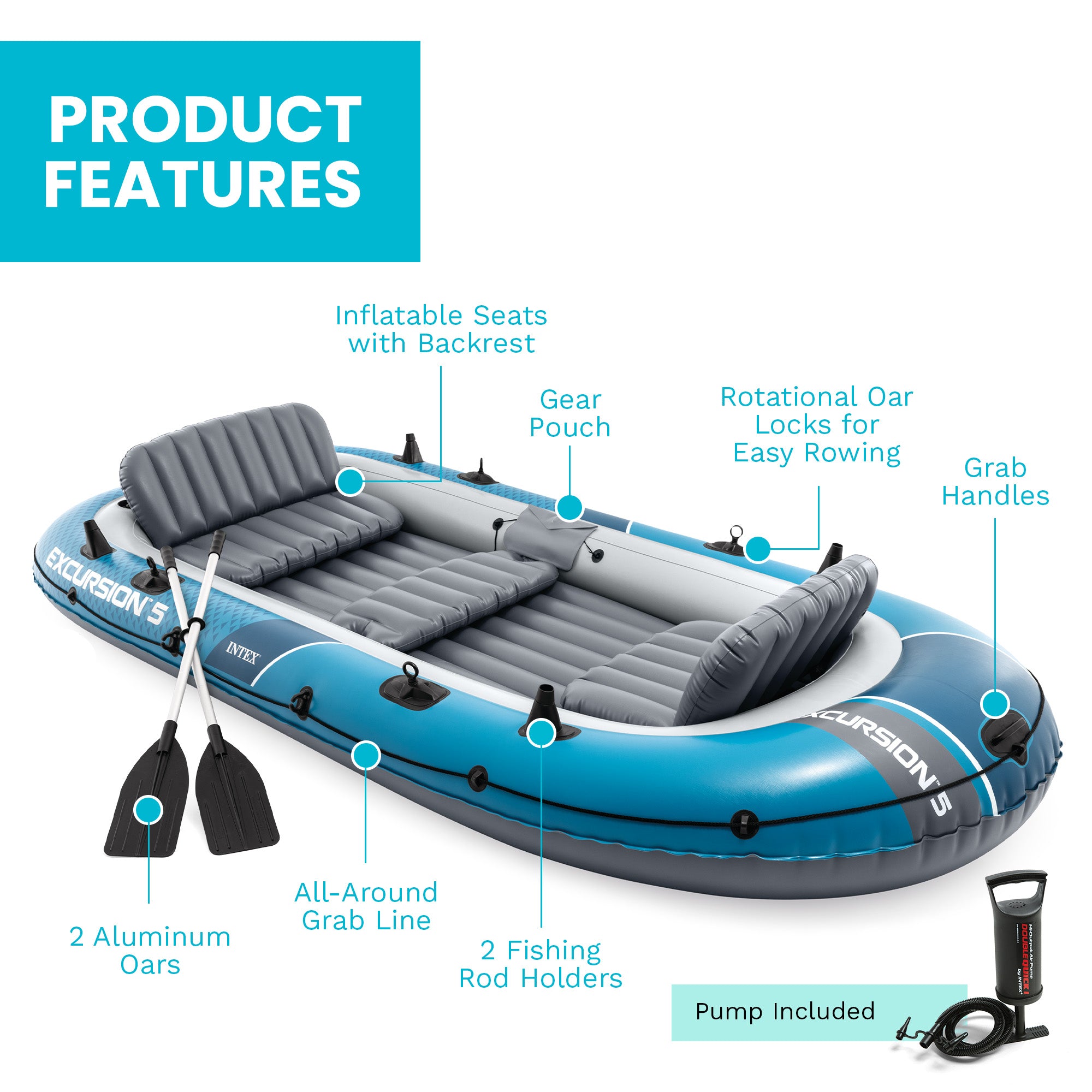 INTEX Excursion 5 Inflatable Boat Set with 54" Oars, Pump, & Rod Holders (Used) - VMInnovations