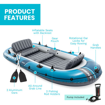 INTEX Excursion 5 Inflatable Boat Set with 54" Oars, Pump, & Rod Holders (Used) - VMInnovations