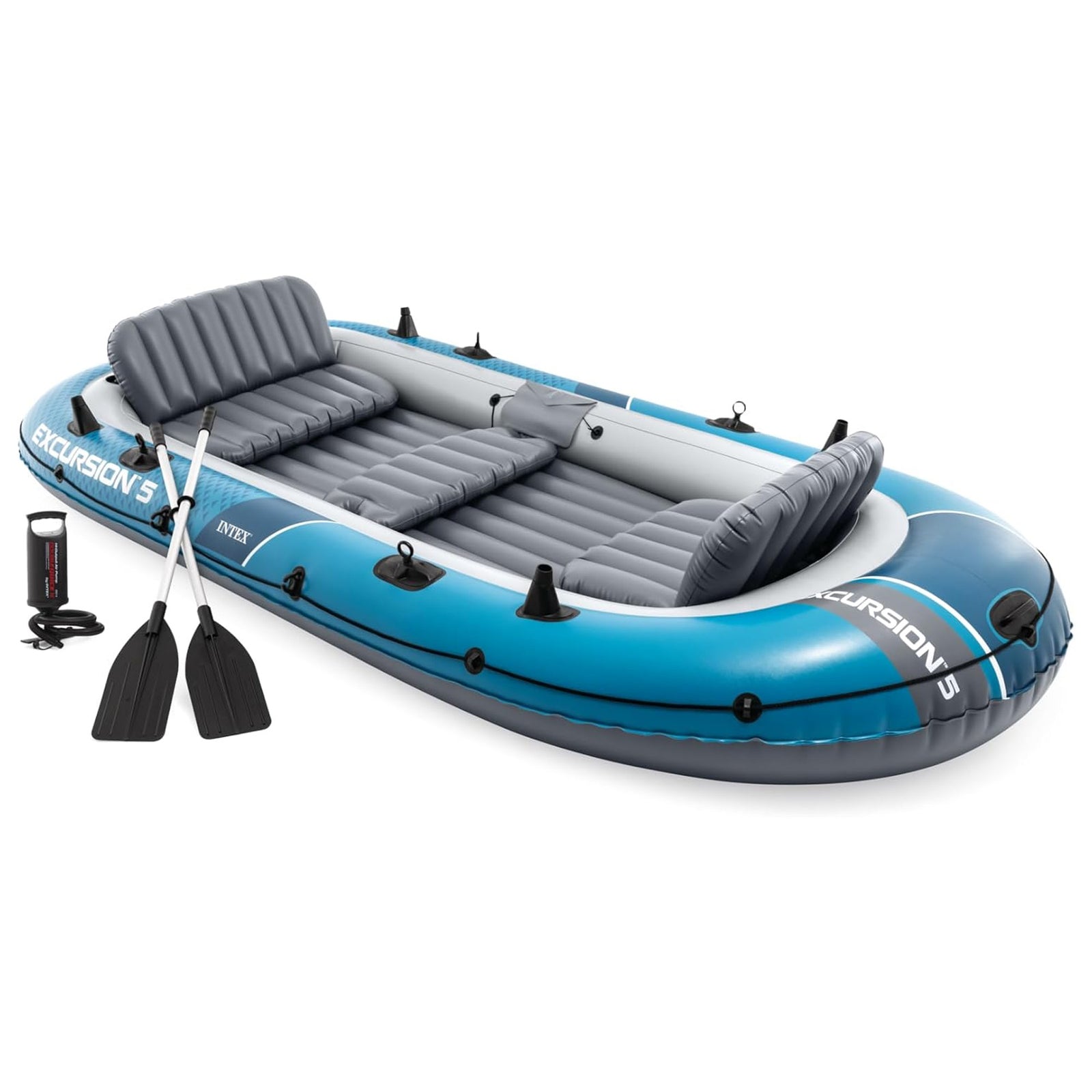 INTEX 66325EP Excursion 5 Inflatable Boat Set with 54" Oars, Pump, & Rod Holders - VMInnovations