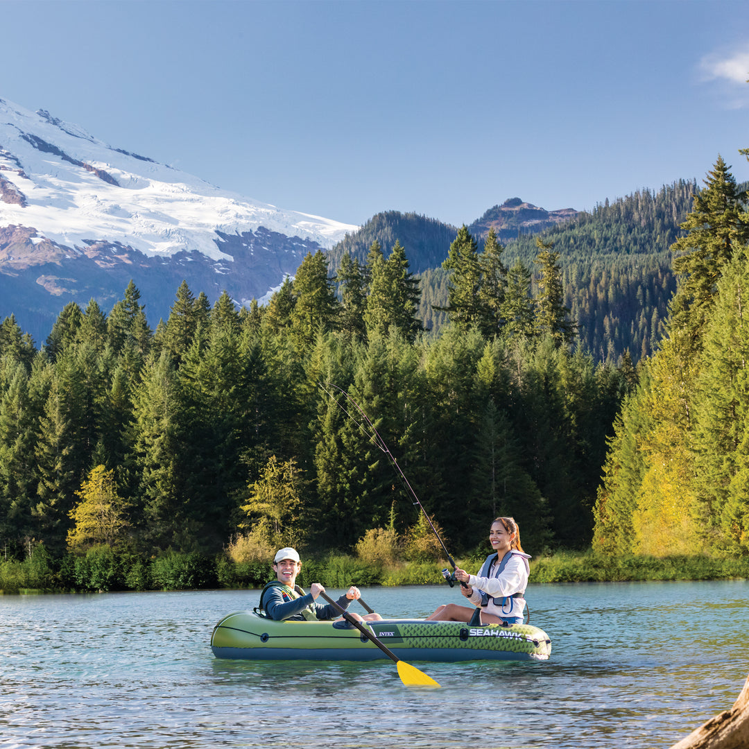 INTEX 66332EP Seahawk 2 Inflatable Boat Set with 48" Oars, Pump, & Rod Holders - VMInnovations