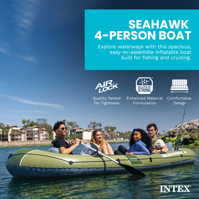 INTEX 66334EP Seahawk 4 Inflatable Boat Set w Pump, & Rod Holders (Open Box)
